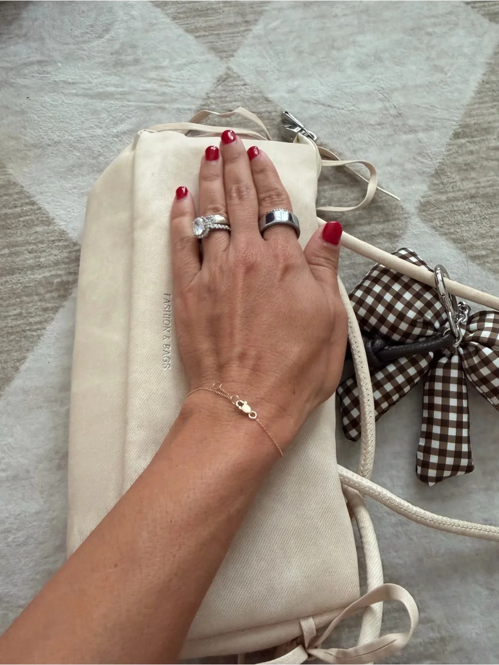 Beige Women's Shoulder Bag with Brown Gingham Bow